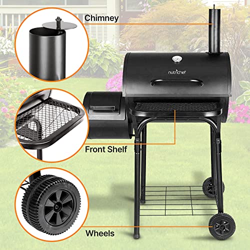 NutriChefKitchen Charcoal Grill Offset Smoker, Portable Stainless Steel Grill, Outdoor Camping BBQ and Barrel Smoker (Black)