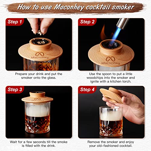 Maconhey Cocktail Smoker Kit, Old Fashioned Wood Drink Smoker Infuser Kit with 4 Flavors Smoking Wood Chips, Great Gift for Farther's Day and All Whiskey Bourbon Martini Lovers