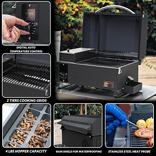 Onlyfire Portable Wood Pellet Grill and Smoker, 8 in 1 Tabletop Outdoor BBQ Grilling Stove for RV Camping Tailgating Cooking with Auto Temperature Control, LED Screen, Meat Probe & 2 Tiers Cooking Area, Black