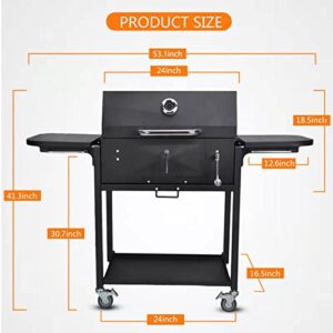 CRYSTAL FIT Charcoal Grills, 24-Inch Charcoal Grill Outdoor Cooking Smoker Backyard Barbeque Griller with Side Trays, Black