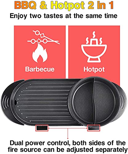 HYDDNice 2 in 1 Electric Grill with Hot Pot Multifunctional Electric Barbecue and Hot Pot Separate Dual Temperature Contral 110V 1000W