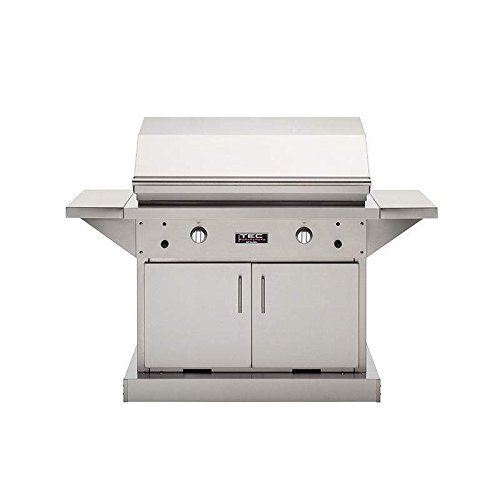 TEC Patio 2 FR Infrared Grill On Stainless Steel Pedestal with Two Side Shelves and Half Warming Rack (PFR2LPCABS-PFR2WR19), Propane Gas