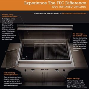 TEC Patio 2 FR Infrared Grill On Stainless Steel Pedestal with Two Side Shelves and Half Warming Rack (PFR2LPCABS-PFR2WR19), Propane Gas