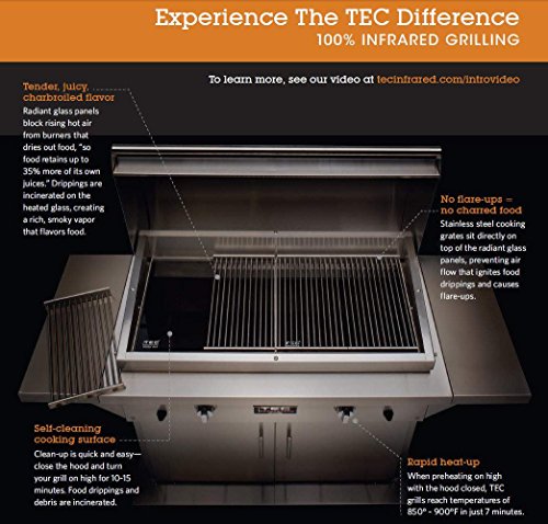 TEC Patio 2 FR Infrared Grill On Stainless Steel Pedestal with Two Side Shelves and Half Warming Rack (PFR2LPCABS-PFR2WR19), Propane Gas