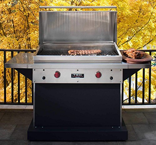 TEC Patio 2 FR Infrared Grill On Stainless Steel Pedestal with Two Side Shelves and Half Warming Rack (PFR2LPCABS-PFR2WR19), Propane Gas