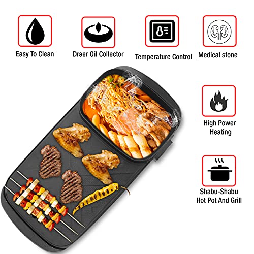 Electric Grill Indoor Outdoor Hot Pot with Grill Korean Bbq Grill with Divider 2200W,110V Large Capacity Multifunctional Non-Stick Separate Dual Temperature Control | for 2 - 10 People, Black