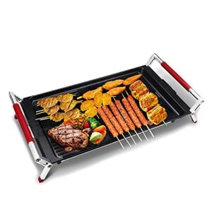 indoor electric grill, fast heating bbq,smokeless coated griddle pan, adjustable thermostat, skid resistant rubber feet, easy cleaning, for family sized