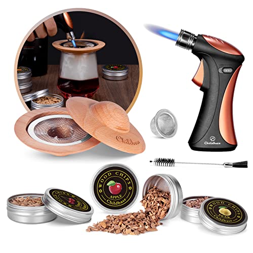 Cocktail Smoker Kit for Drinks, Whiskey Smoker Infuser Kit for Bourbon Drinks with Torch and 4 Different Flavor Wood Chips Gift for Whiskey Smoker Enthusiast (NO BUTANE)