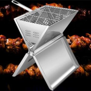 Ved Portable Barbecue Grill - Foldable Notebook-Style 2 to 3 Person BBQ Griller Made with Stainless Steel - Charcoal Smoker for Terrace, Patio, Backyard, Camping, Hiking & Beach Trips - 35x24x39cm