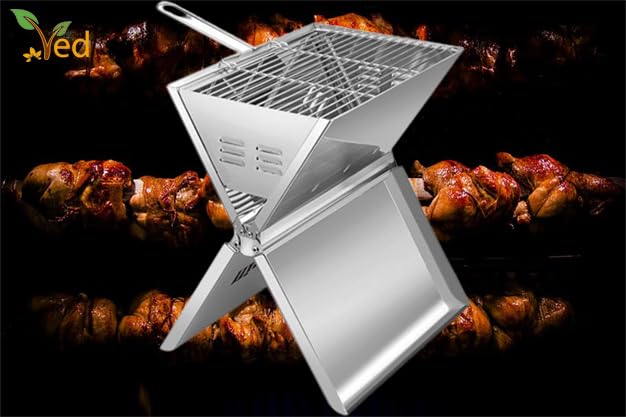 Ved Portable Barbecue Grill - Foldable Notebook-Style 2 to 3 Person BBQ Griller Made with Stainless Steel - Charcoal Smoker for Terrace, Patio, Backyard, Camping, Hiking & Beach Trips - 35x24x39cm