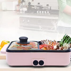 Electric Mini Grill with Hot Pot 2 in 1 Portable Electric Hot Pot Barbecue Grill Non-Stick Teppanyaki Pan 110V Indoor Hotpot Grill Korean BBQ Combo (11.41x 8.66 x 4.33 inch, Pink)