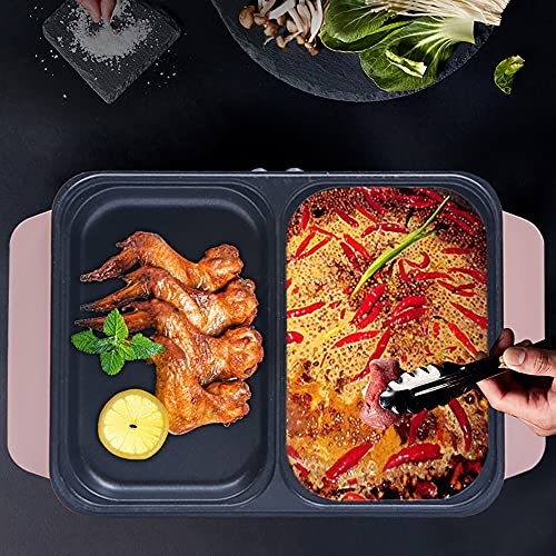 Electric Mini Grill with Hot Pot 2 in 1 Portable Electric Hot Pot Barbecue Grill Non-Stick Teppanyaki Pan 110V Indoor Hotpot Grill Korean BBQ Combo (11.41x 8.66 x 4.33 inch, Pink)