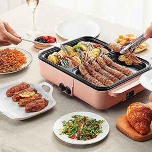 Electric Mini Grill with Hot Pot 2 in 1 Portable Electric Hot Pot Barbecue Grill Non-Stick Teppanyaki Pan 110V Indoor Hotpot Grill Korean BBQ Combo (11.41x 8.66 x 4.33 inch, Pink)