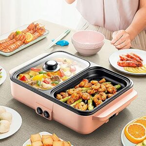 Electric Mini Grill with Hot Pot 2 in 1 Portable Electric Hot Pot Barbecue Grill Non-Stick Teppanyaki Pan 110V Indoor Hotpot Grill Korean BBQ Combo (11.41x 8.66 x 4.33 inch, Pink)