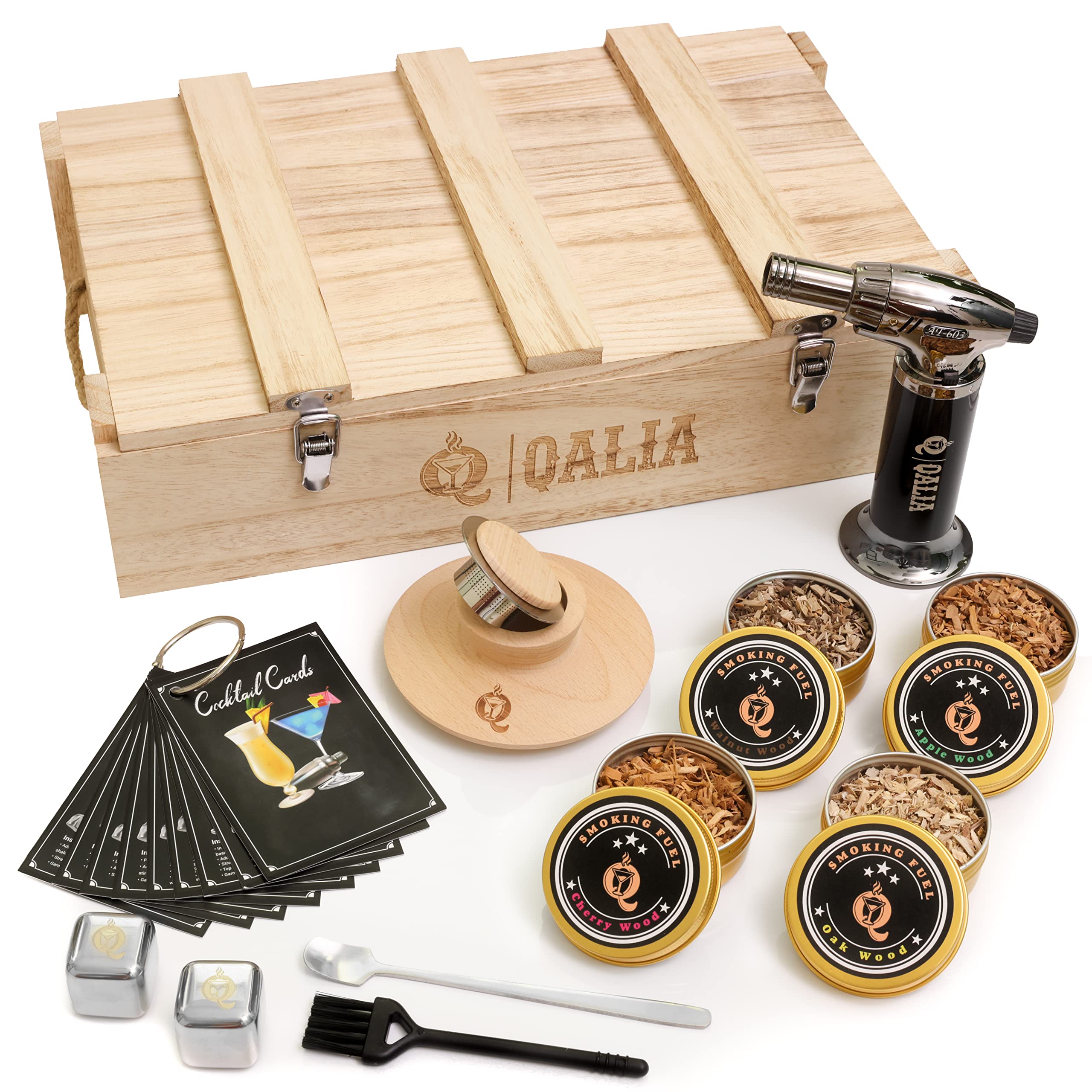 QALIA Cocktail Smoker Kit with Torch & Wood Chip - Six Kinds of Wood Chips for Cocktails Bourbon, Wine, Meats & Food - Fashionable Whiskey Smoker for Friend, Dad, & Whiskey Lover (No Butane)