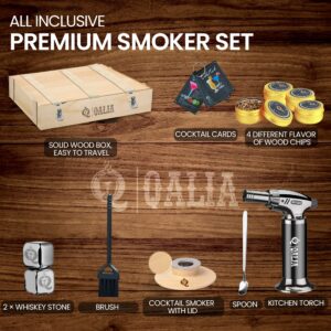 QALIA Cocktail Smoker Kit with Torch & Wood Chip - Six Kinds of Wood Chips for Cocktails Bourbon, Wine, Meats & Food - Fashionable Whiskey Smoker for Friend, Dad, & Whiskey Lover (No Butane)