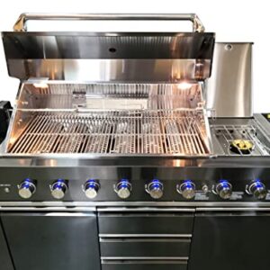 MCP Island Grills Black Stainless Steel 6 Burner 2 Modular Piece Marble Top BBQ Outdoor Electric Propane Grill Kitchen with Refrigerator, Sink, Side Burner, LED Lights on Knobs, & Protective Cover