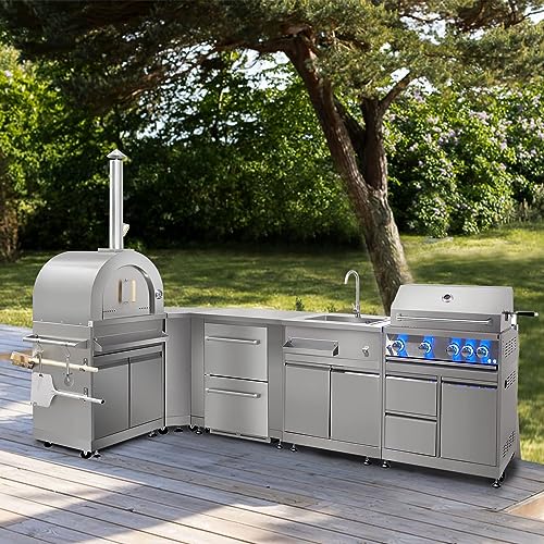 SINDA 7 Piece Modular Outdoor Kitchen Suit, w/Pizza Oven, 4 Burner Natural Gas Grill, BBQ Grill Cabinet, 24" Fridge Drawer, Appliance Cabinet, Sink Cabinet, Coner Cabinet (with Natural Gas Kit)