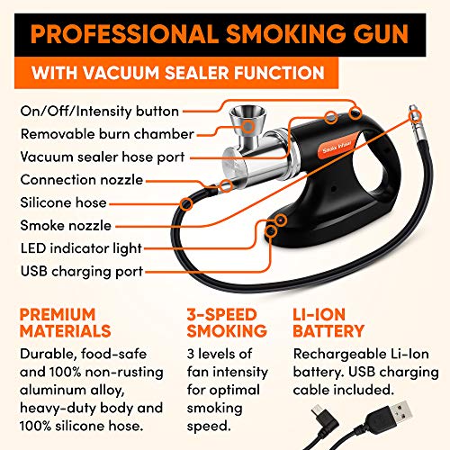 Jo Chef Professional Handheld Smoke Gun – Cold Smoker + Vacuum Function – USB Smoking Gun Food Smoker – Wood Chips Included - Ideal Gift for Chefs and Mixologists – Use for Sous Vide, Cocktails + Ebook