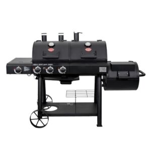 char-griller 3070 texas trio 3-burner dual fuel grill with smoker in black