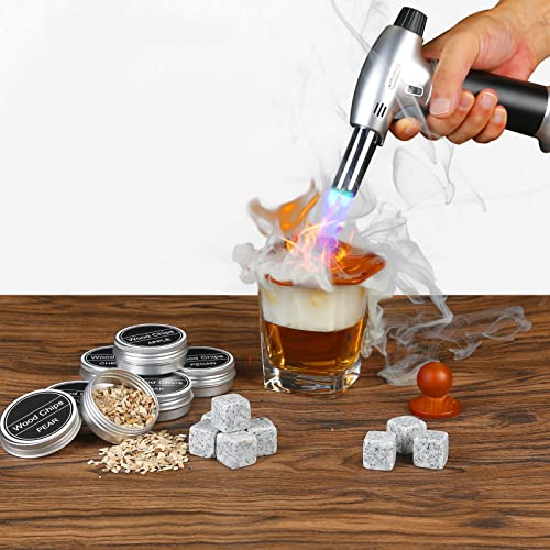 Cocktail Smoker Kit, PESUITOR Old Fashioned Whiskey Smoker Kit with Torch Marble Stones Wood Chips, Drink Smoker Infuser Kit Birthday Bourbon Whiskey Gifts for Men, Dad, Husband Father (No Butane)