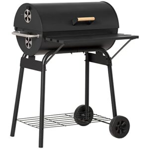 outsunny 30" portable barrel charcoal bbq grill with 4-position adjustable charcoal rack, carbon steel outdoor barbecue smoker with storage shelf, wheel, for garden camping picnic