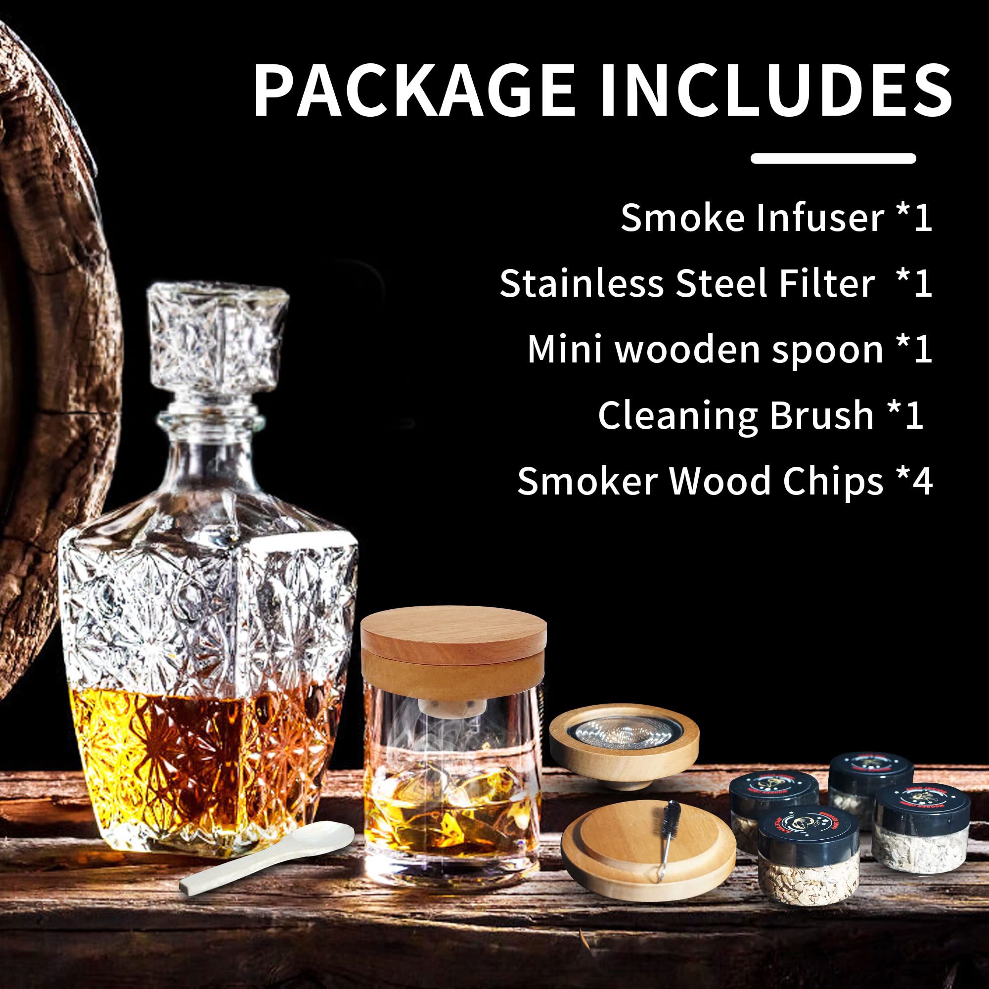 Cocktail Smoker Kit, Old Fashioned Drink Smoker Infuser with 4 Flavors Wood Chips, Portable Smoke DIY Tools for Cocktail, Wine, Whiskey, Bourbon, Meat, Contains Strainer, Wooden Spoon & Cleaning Brush