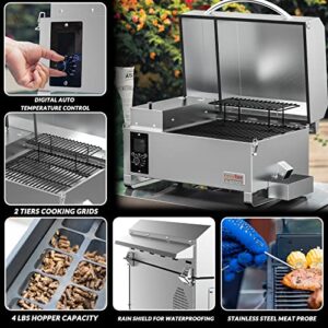 Onlyfire GS680 Portable Wood Pellet Grill and Smoker, 8 in 1 Tabletop Stainless Steel BBQ Grill Stove for RV Camping Tailgating Cooking with Auto Temperature Control, LED Screen, Meat Probe & 2 Tiers Cooking Area, Silver