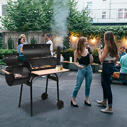 Barbecue Grill Cookers,Grill Oil Drum Charcoal Furnace,44 Inch Charcoal Grill and Offset Smoker, Portable Backyard Steel BBQ Oven with Wheels, Outdoor Patio Barbecue Cooker with Side Fire Box for Camping, Picnic, Party