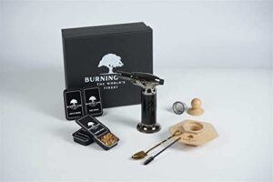 burning oak cocktail smoker kit – professional whiskey smoker kit with torch, apple, oak, cherry and walnut wood chips – old fashioned smoker kit in stylish black box(1st)
