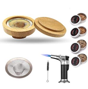 cocktail smoker kit with smoking torch, old wood smoker infuser kit for cocktails, with cleaning brush, filter, butane torch and 4 pack of wood chips (light brown)