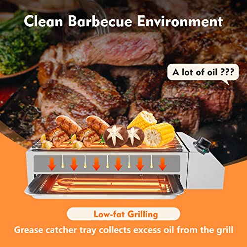 Fetcoi 1800W Electric Grills Outdoor Cooking, Stainless Steel Restaurant Grill BBQ Grills Indoor Grill Smokeless Griddle Barbecue Oven Grill Countertop with Extra-Large Drip Tray, 122-572° F