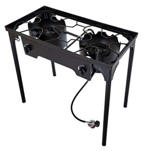 cast iron outdoor high-pressure double burner propane stove cooker & stand with regulator 150,000 btu