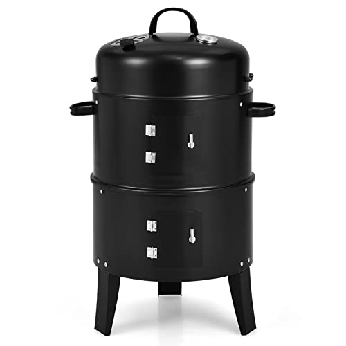 Smoker Grill，3-in-1 Outdoor Smokers, Charcoal Grills Cambo with Built-in Thermometer for BBQ