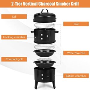 Smoker Grill，3-in-1 Outdoor Smokers, Charcoal Grills Cambo with Built-in Thermometer for BBQ