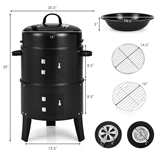 Smoker Grill，3-in-1 Outdoor Smokers, Charcoal Grills Cambo with Built-in Thermometer for BBQ