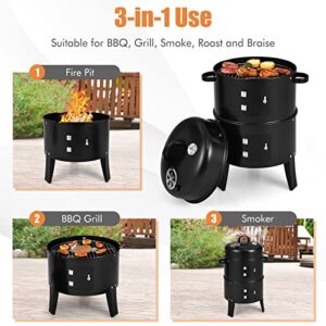 Smoker Grill，3-in-1 Outdoor Smokers, Charcoal Grills Cambo with Built-in Thermometer for BBQ