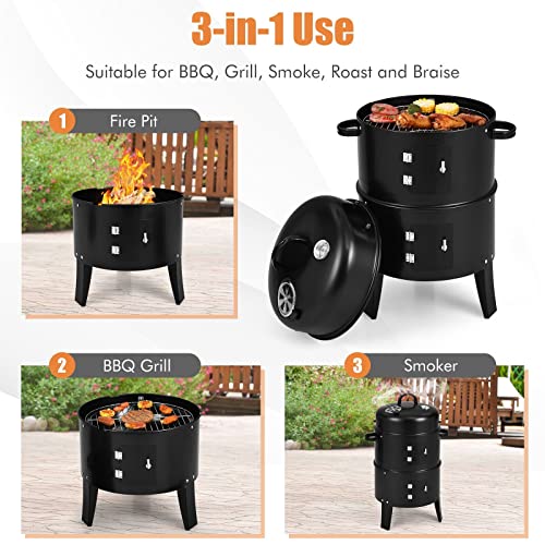 Smoker Grill，3-in-1 Outdoor Smokers, Charcoal Grills Cambo with Built-in Thermometer for BBQ