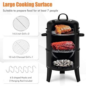 Smoker Grill，3-in-1 Outdoor Smokers, Charcoal Grills Cambo with Built-in Thermometer for BBQ