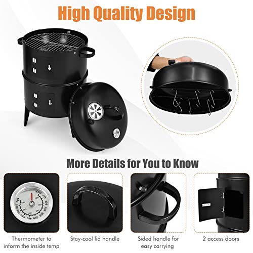 Smoker Grill，3-in-1 Outdoor Smokers, Charcoal Grills Cambo with Built-in Thermometer for BBQ