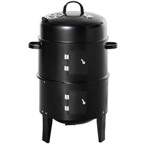 outsunny vertical charcoal bbq smoker, 3-in-1 16" round charcoal barbecue grill with 2 cooking area, and thermometer for outdoor camping picnic backyard cooking, black