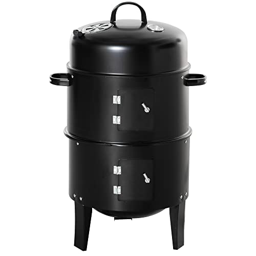 Outsunny Vertical Charcoal BBQ Smoker, 3-in-1 16" Round Charcoal Barbecue Grill with 2 Cooking Area, and Thermometer for Outdoor Camping Picnic Backyard Cooking, Black