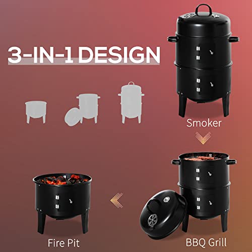 Outsunny Vertical Charcoal BBQ Smoker, 3-in-1 16" Round Charcoal Barbecue Grill with 2 Cooking Area, and Thermometer for Outdoor Camping Picnic Backyard Cooking, Black