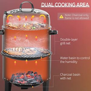 Outsunny Vertical Charcoal BBQ Smoker, 3-in-1 16" Round Charcoal Barbecue Grill with 2 Cooking Area, and Thermometer for Outdoor Camping Picnic Backyard Cooking, Black