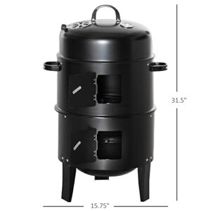 Outsunny Vertical Charcoal BBQ Smoker, 3-in-1 16" Round Charcoal Barbecue Grill with 2 Cooking Area, and Thermometer for Outdoor Camping Picnic Backyard Cooking, Black