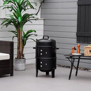 Outsunny Vertical Charcoal BBQ Smoker, 3-in-1 16" Round Charcoal Barbecue Grill with 2 Cooking Area, and Thermometer for Outdoor Camping Picnic Backyard Cooking, Black