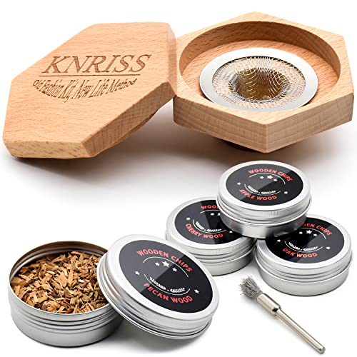 KNRISS Cocktail Smoker Top Old Fashioned Kit for Whiskey Bourbon Drinks with 4 Smoker Chips Include Apple Wood,Oak Wood,Pecan Wood,Cherry Wood, Gifts for Men