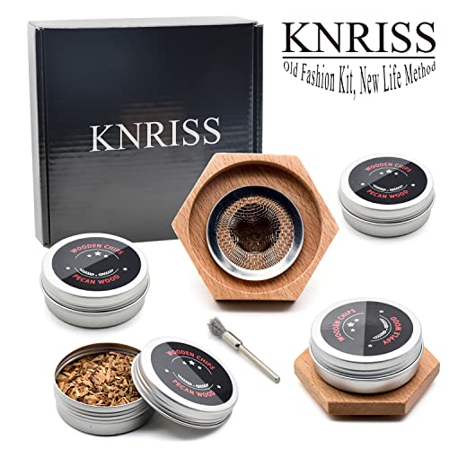 KNRISS Cocktail Smoker Top Old Fashioned Kit for Whiskey Bourbon Drinks with 4 Smoker Chips Include Apple Wood,Oak Wood,Pecan Wood,Cherry Wood, Gifts for Men