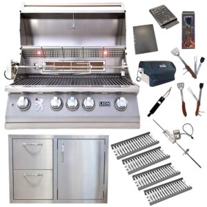 lion premium grills 32-inch propane grill l75000 w/ 4 ceramic tubes w/ flame tray and made in usa door/drawer como unit and 5 in 1 bbq tool set best of backyard gourmet package deal