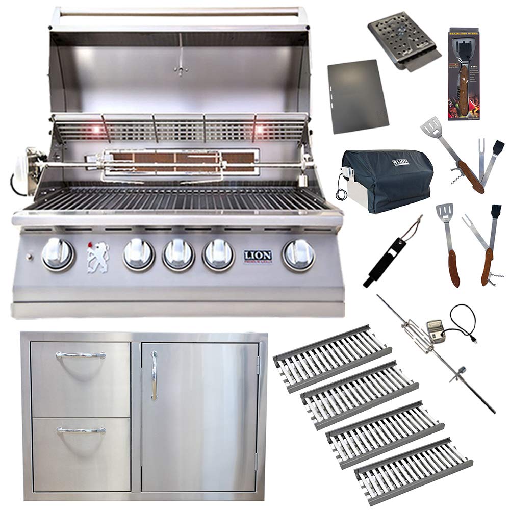 Lion Premium Grills 32-Inch Propane Grill L75000 w/ 4 Ceramic Tubes w/ Flame Tray and Made in USA Door/Drawer Como Unit and 5 in 1 BBQ Tool Set Best of Backyard Gourmet Package Deal